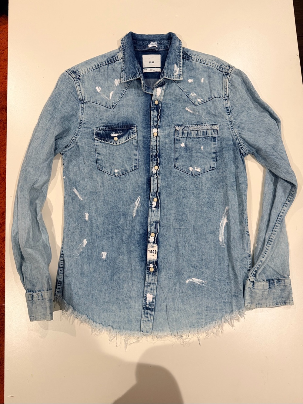 Men's Light Blue Distressed Denim Button-Down Shirt